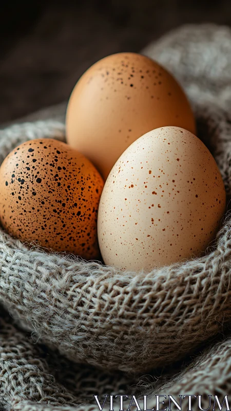 Speckled eggs huddle softly inside a woven burlap cradle