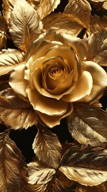 Golden metallic rose blooms amid sculpted reflective leaves