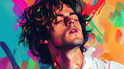 Color-drenched dreamer drifts through a storm of neon brushstrokes