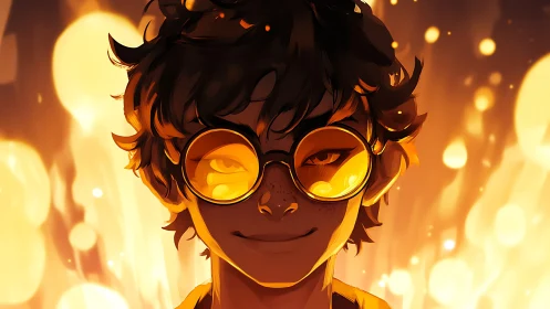 Young figure in orange-tinted goggles before glowing lights.