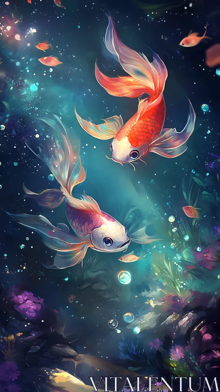 Glow-lit koi fish drift through dreamy underwater garden.