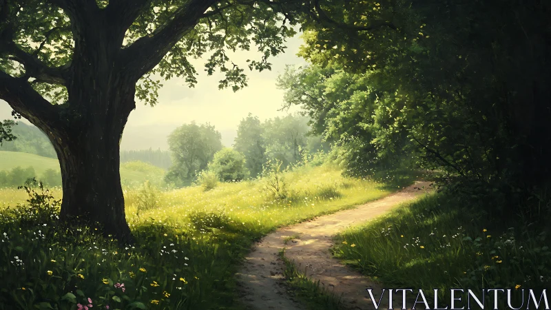 Rural landscape with mature tree and dirt path