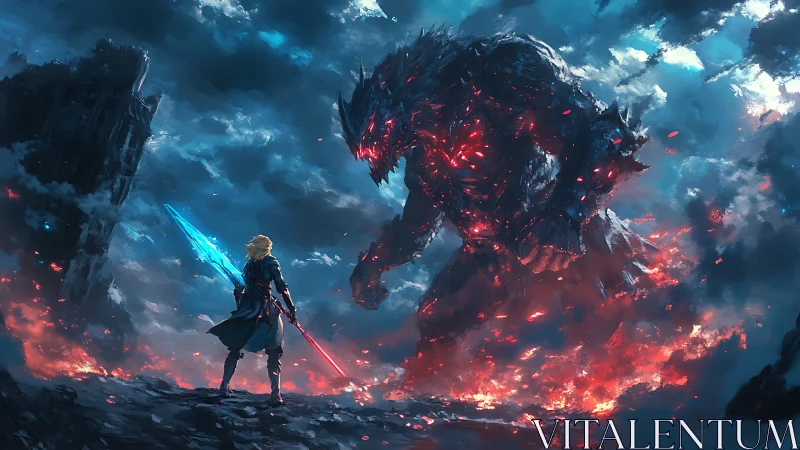 Heroic duel against colossal ember-lit monster amid storm