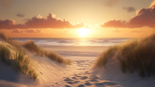 Sunlit dune pathway melting into a tranquil pastel sea horizon.