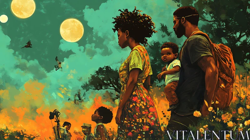 Multimoon field migration with Afro-futurist family procession.