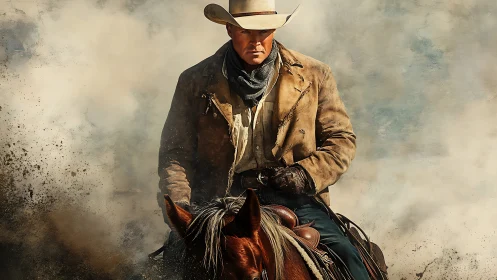 Weathered cowboy on horseback emerges through cinematic dust