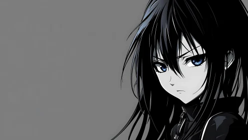 Brooding anime girl with piercing blue eyes in grayscale.
