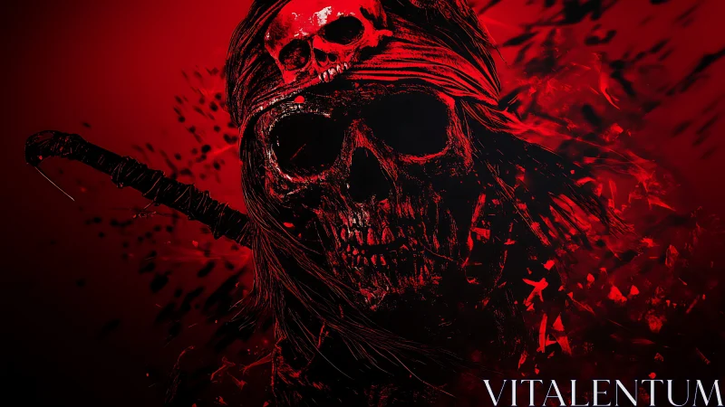 Blood-red pirate skull portrait in dynamic digital chaos.