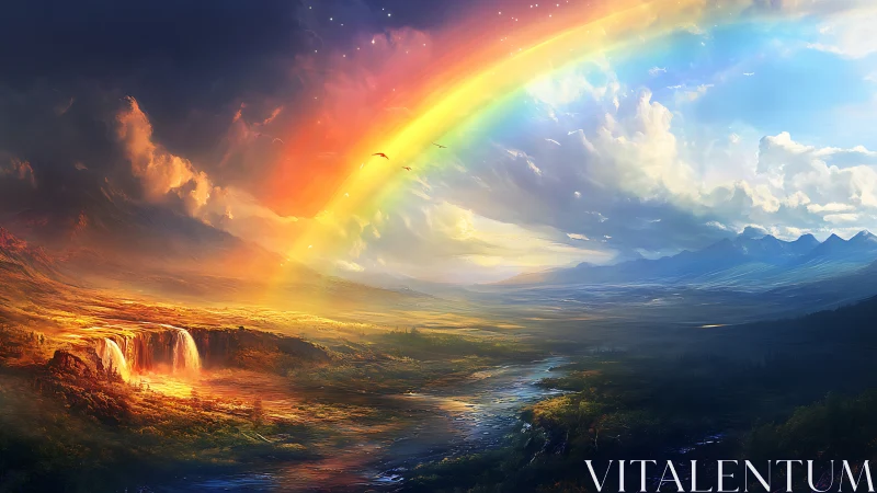 Digital landscape depicts rainbow arc over dual-lit terrain