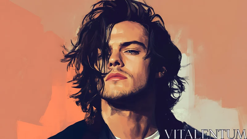 Digital portrait of long-haired man with warm minimal backdrop.