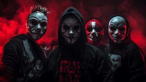 Masked street gang stands in red smoke haze at night