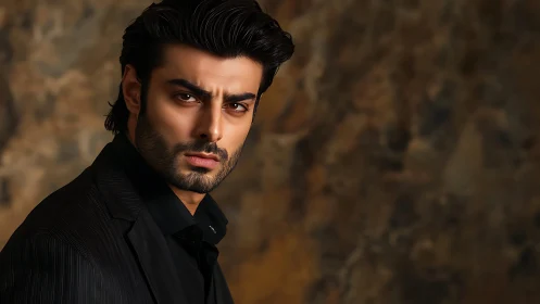Serious dark haired man in black suit against warm backdrop.