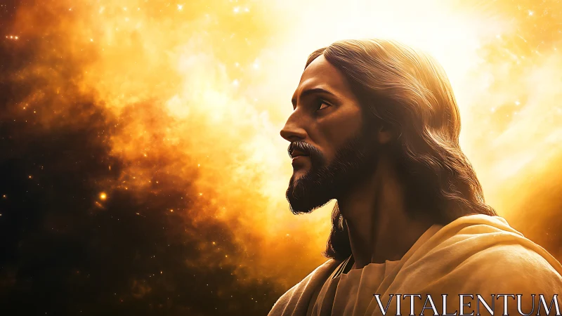 Radiant spiritual figure against blazing cosmic light background.