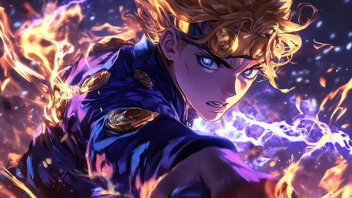Blond anime warrior unleashing blazing elemental power.
