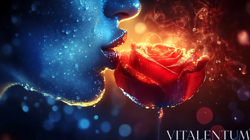 Ethereal Contrast: Water-Kissed Rose Suspended in Blue and Red Light