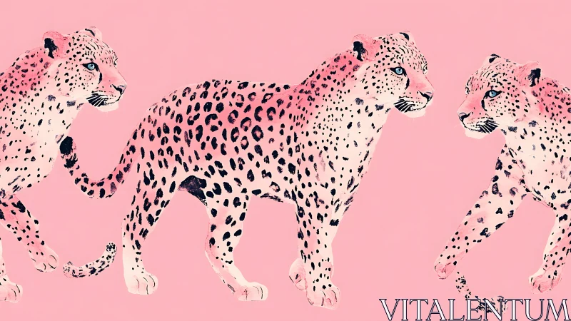 Triadic leopard figures rendered against pink chromatic background.