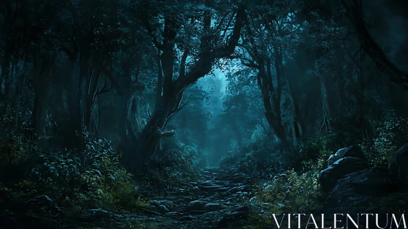 Moody Forest Path Through Ancient Trees in Twilight.