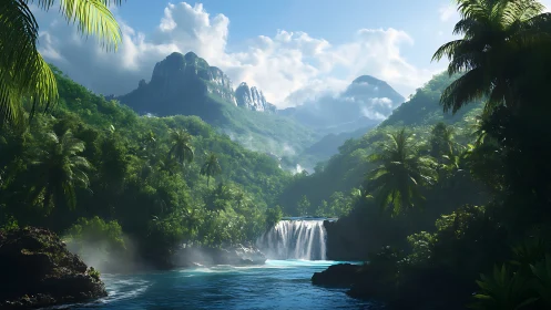 Tropical waterfall valley under luminous mountain mist