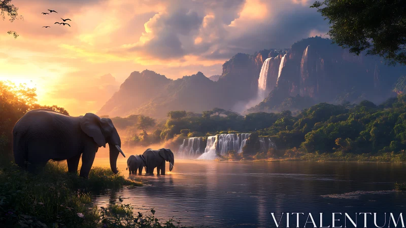 Elephant herd at reflective river beneath stratified waterfalls.