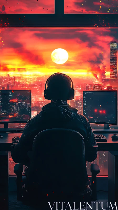 Headset user at multi-screen desk facing red urban skyline.