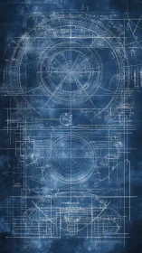 Futuristic circular mechanism blueprint over textured blue field