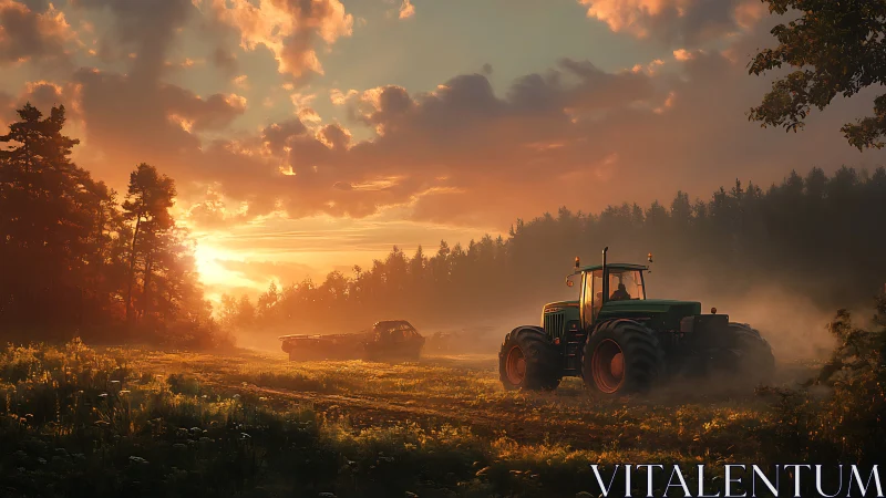 Tractor moves across misty field under glowing sunset sky