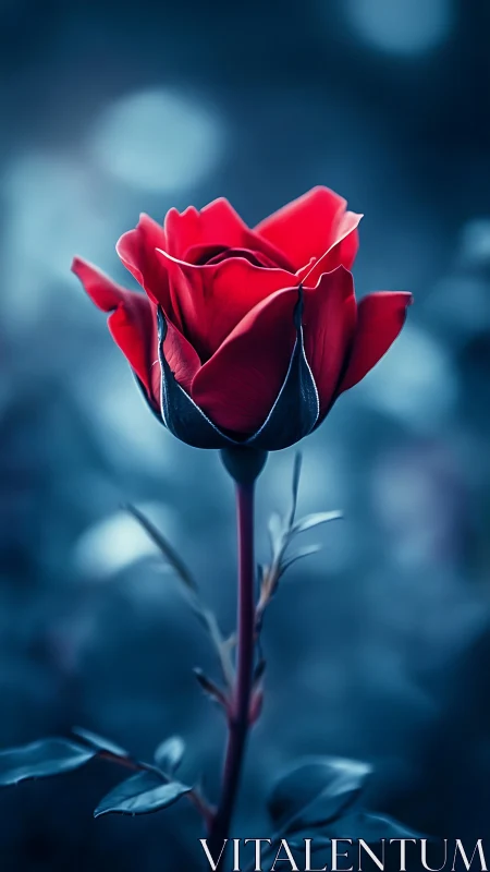 Luminous Red Rose Against Cool Blue Serenity.