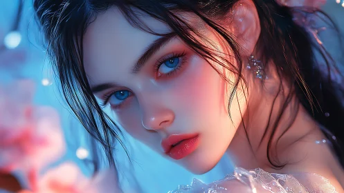 Dreamy blue-eyed girl glows softly in magical evening light