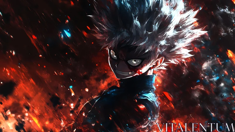 Storm-eyed antihero grins amid erupting inferno and starlit ash.