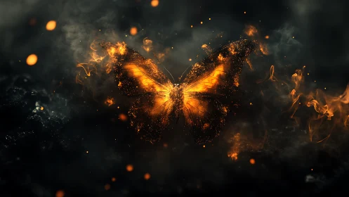 Fiery butterfly erupts from swirling embers and smoke.