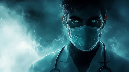Masked doctor portrait in glowing teal medical haze.