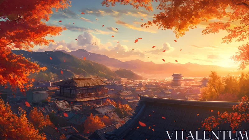 Autumn mountain town skyline with traditional rooftops at dusk.