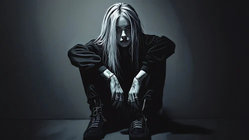 Moody monochrome portrait of seated hooded figure in shadow.