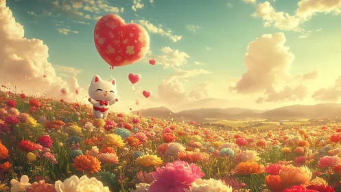 Cat with Heart Balloons in Flower Field.