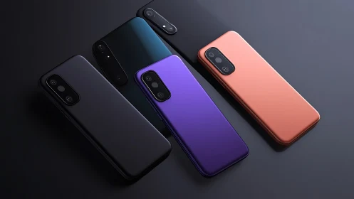 Color range of modern smartphones on dark surface.