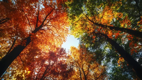 Sunlit autumn canopy glows in a vibrant forest skyward view