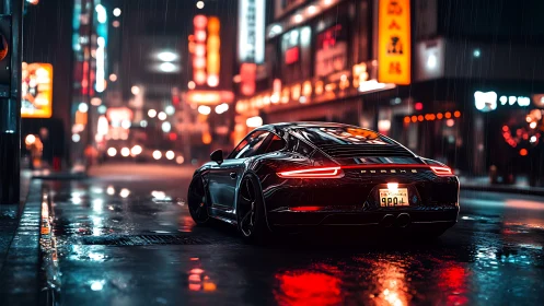 Sports car on wet neon city street at night in rainfall.