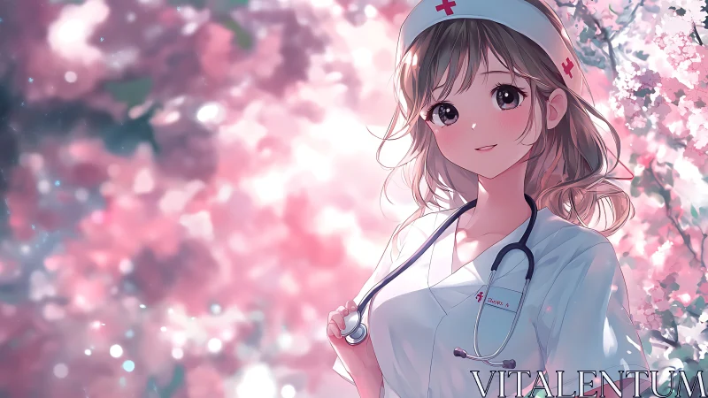 Cherry blossom nurse portrait under soft spring light.