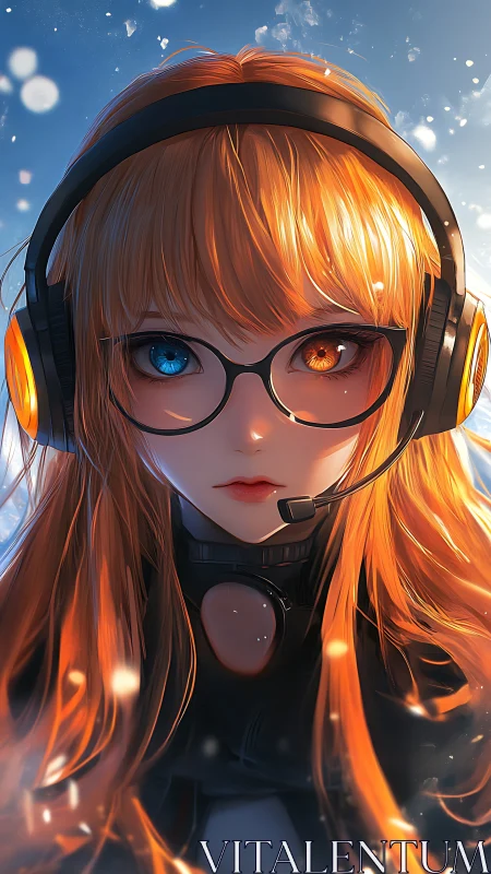 Bicolor-eyed streamer girl ignites a frosted digital skyline.