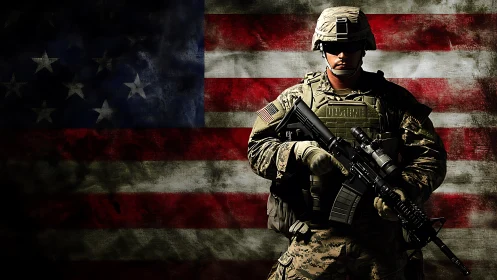US soldier stands armed before worn American flag backdrop