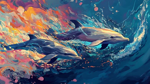Dolphins race through neon surf under swirling sunset seas.