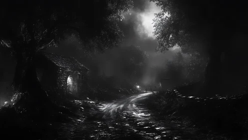 Moonlit forest road with small stone hut and heavy fog.
