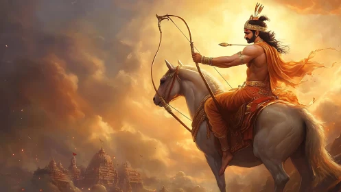 Warrior archer on white horse under blazing mythic sky.