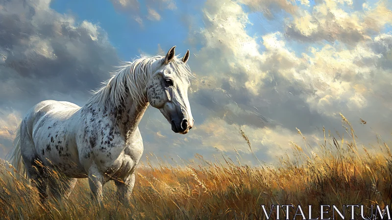 White horse stands in sunlit prairie beneath stormy sky.