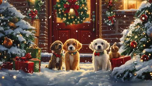 Puppies on snowy doorstep with Christmas trees and gifts.