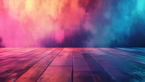Color-gradient backdrop with reflective plank flooring surface.