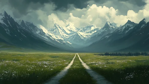 Straight rural path extends toward distant snow covered mountains