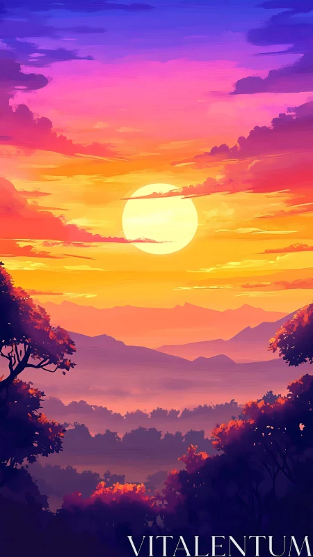 Radiant stratified sunset over layered forest hills in vivid hues