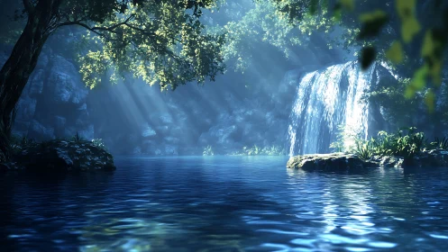 Sunlit waterfall hushes a hidden forest pool into stillness