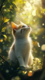 Golden forest kitten watches drifting butterflies calmly.